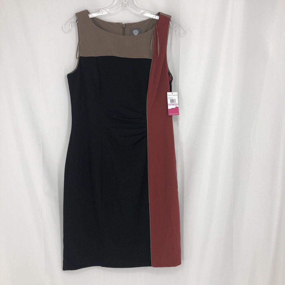 Vince Camuto Women’s Sz 6 Sleeveless Colorblock Black Tan Rust Dress